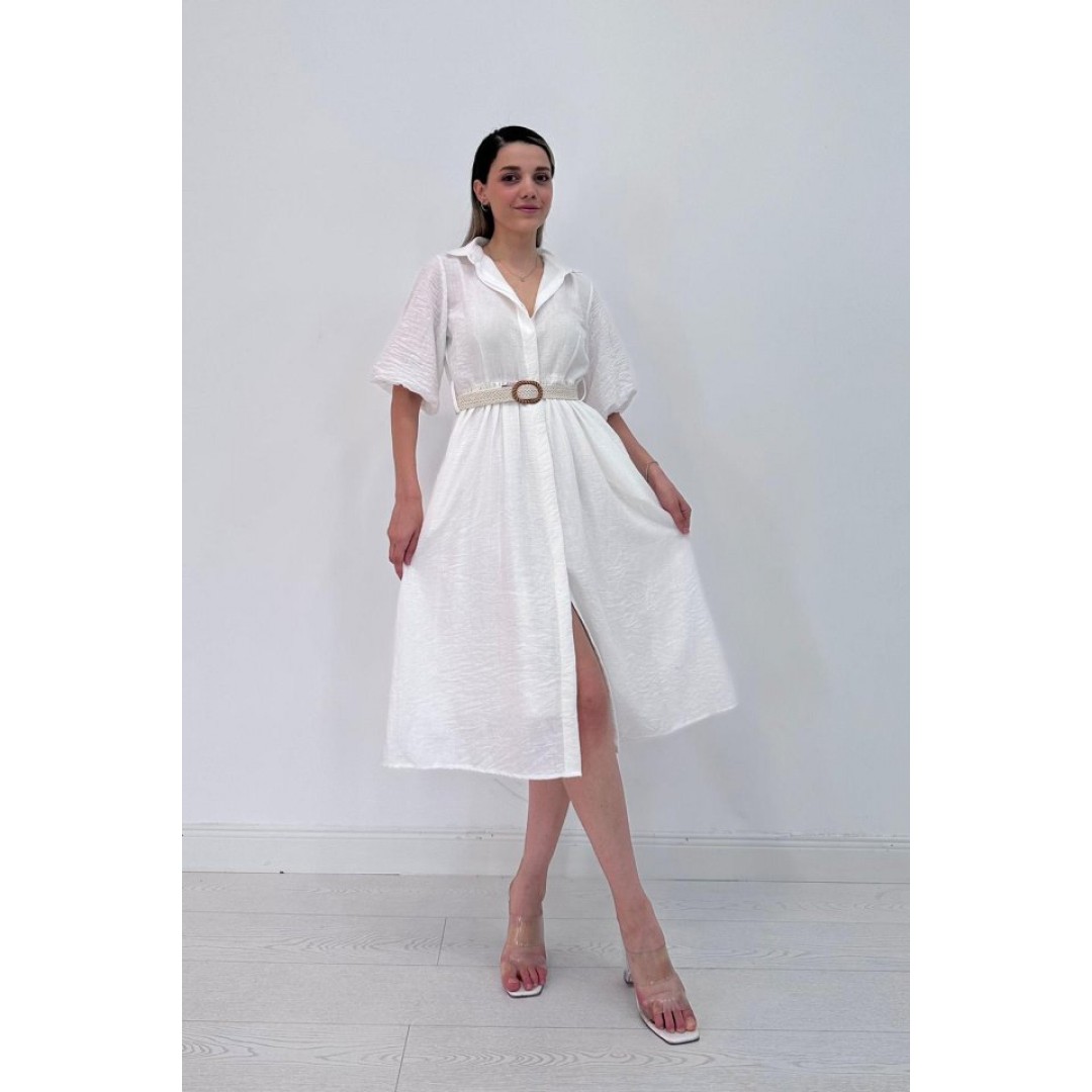 Beyaz Gizli Pat Yakalı Elbise - 150797 Beyaz Gizli Pat Yakalı Elbise - 150797