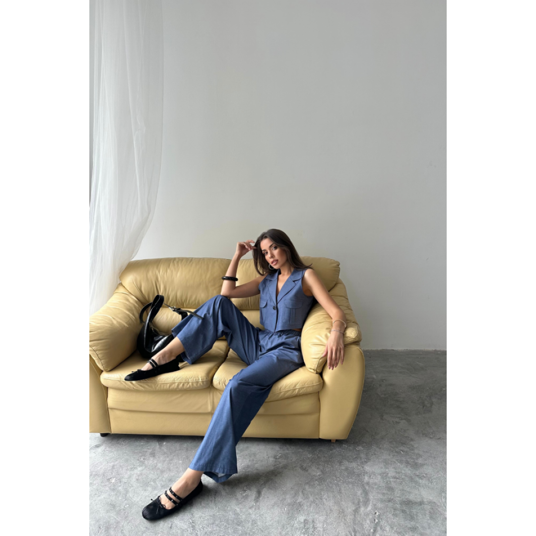 TENCEL CROP KOLSUZ GÖMLEK - PANTOLON TAKIM - İndigo