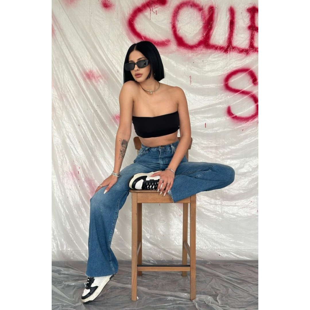 Mavi Yüksek Bel Ve Geniş Paça Jeans Pantolon