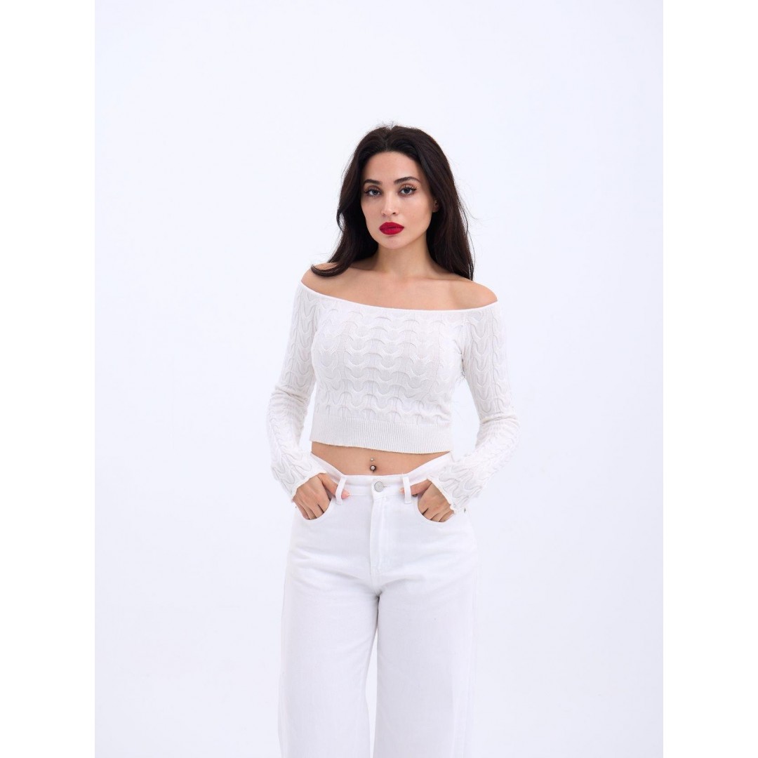 42241 TRİKO KAYIK YAKA CROP-EKRU
