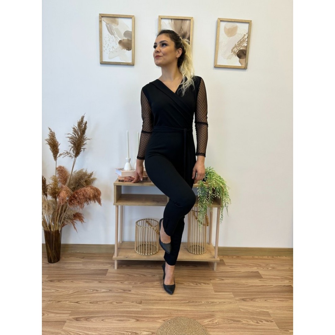 Krep Kumaş Kol Tül Puan Detaylı Kuşaklı Tulum 141 Cm 137234 Krep Kumaş Kol Tül Puan Detaylı Kuşaklı Tulum 141 Cm 137234