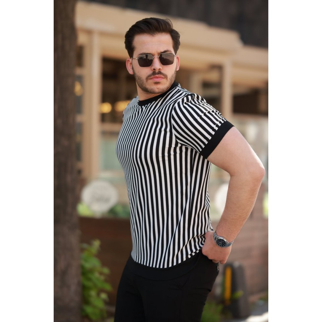 Erkek Siyah Beyaz örme Pamuklu Kumaş Kısa Kollu T-shirt 160106 Erkek Siyah Beyaz örme Pamuklu Kumaş Kısa Kollu T-shirt 160106