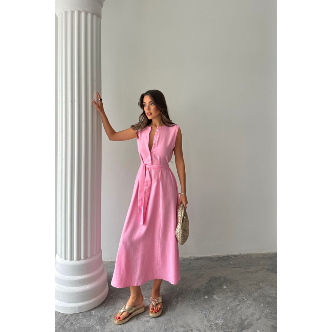 KETEN ELBİSE KOLSUZ BEL BAĞLAMALI MAXİ ELBİSE - Pembe - 161864 KETEN ELBİSE KOLSUZ BEL BAĞLAMALI MAXİ ELBİSE - Pembe - 161864