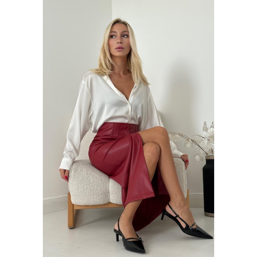 Bordo Yırtmaçlı Süs Patlı Etek 152797