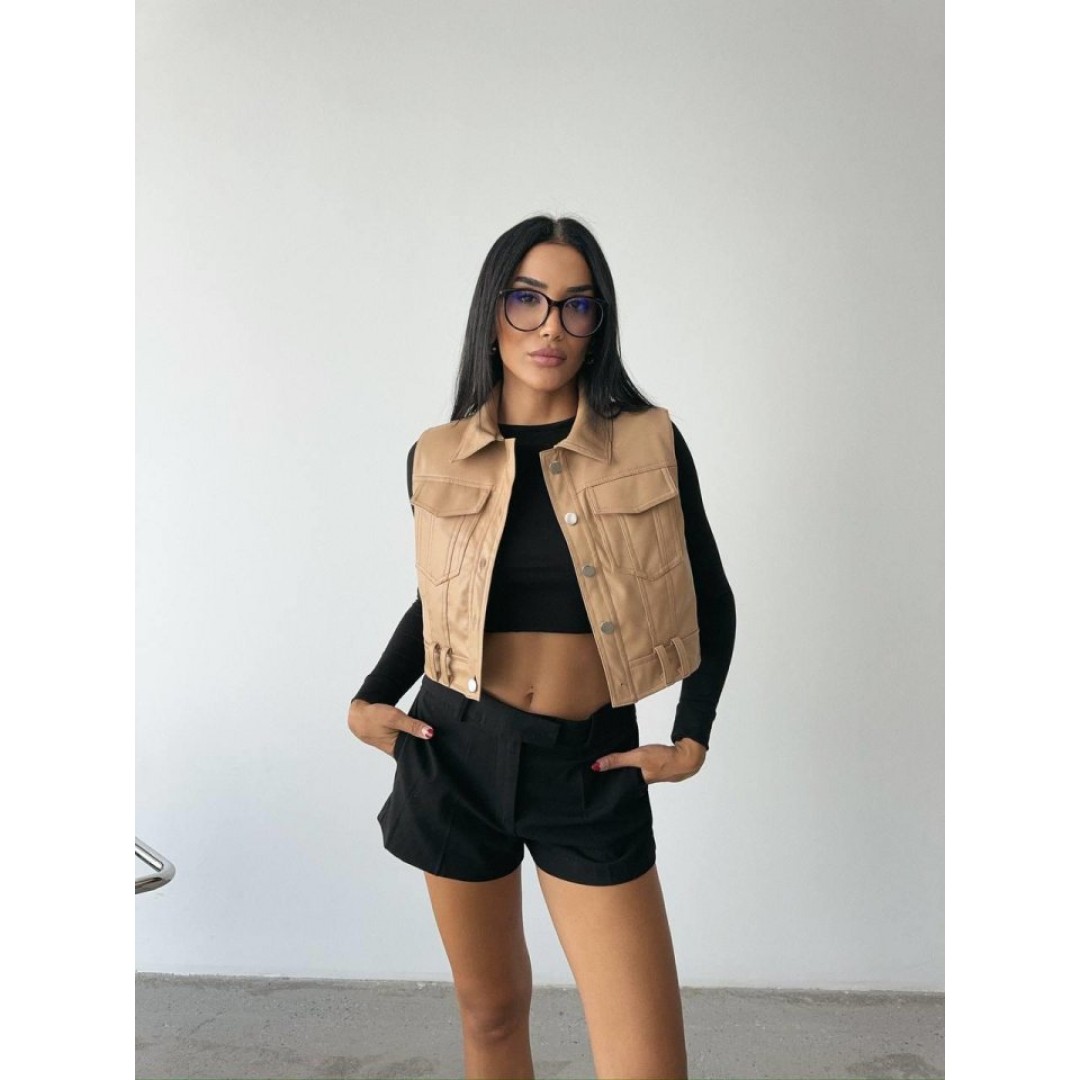 DERİ CROP YELEK - Bej