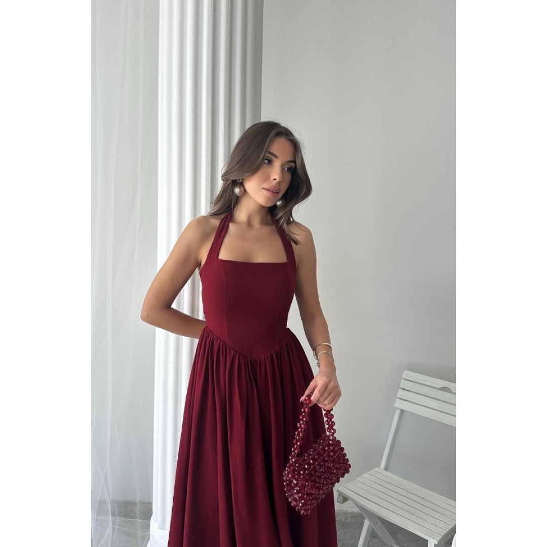 Bordo Boyundan Bağlamalı Keten Elbise - 160730 Bordo Boyundan Bağlamalı Keten Elbise - 160730