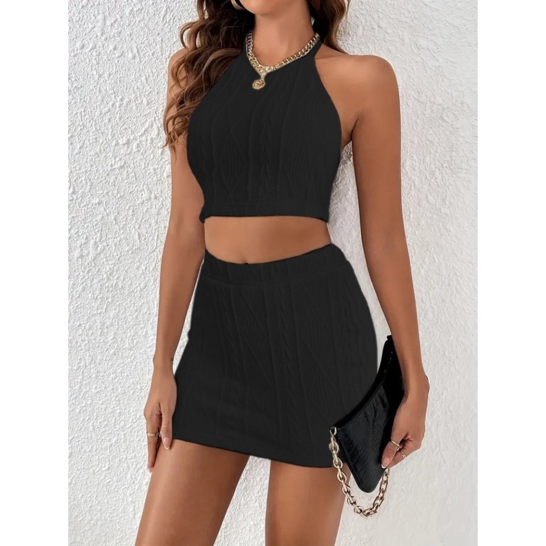 Kadın Sıfır Kol Crop Mini Etek Ikili Triko Takım - 161560 Kadın Sıfır Kol Crop Mini Etek Ikili Triko Takım - 161560