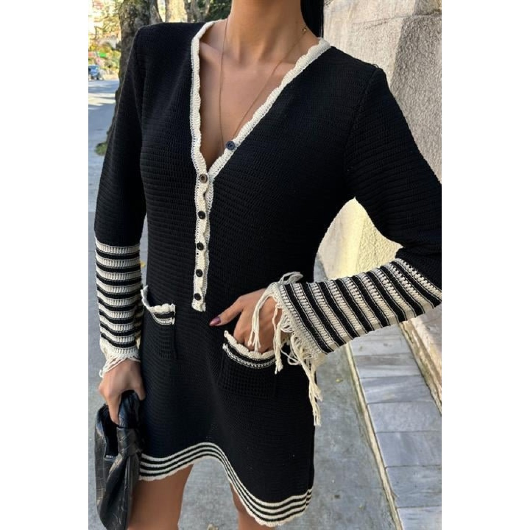 Triko Kolları Püsküllü Düğmeli Elbise 2849 158632 Triko Kolları Püsküllü Düğmeli Elbise 2849 158632