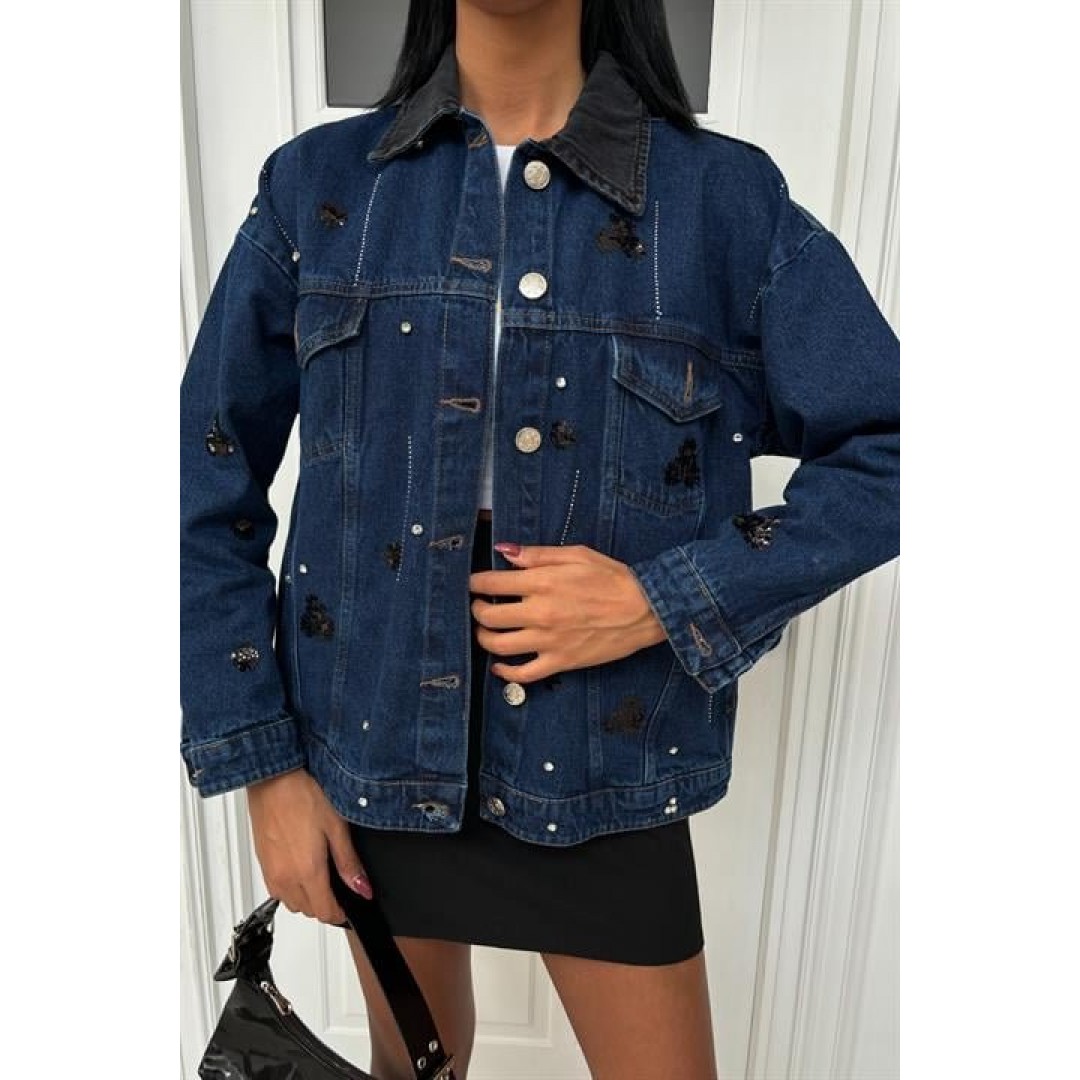 Yaka Siyah Garni Pul Payet Taşlı Oversize Denim Ceket 6125 158770 Yaka Siyah Garni Pul Payet Taşlı Oversize Denim Ceket 6125 158770
