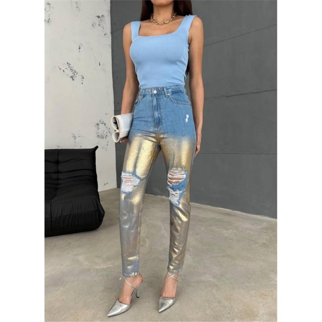 DİZ YIRTIK VARAKLI MOM KOT PANTOLON - Gold 153270 DİZ YIRTIK VARAKLI MOM KOT PANTOLON - Gold 153270