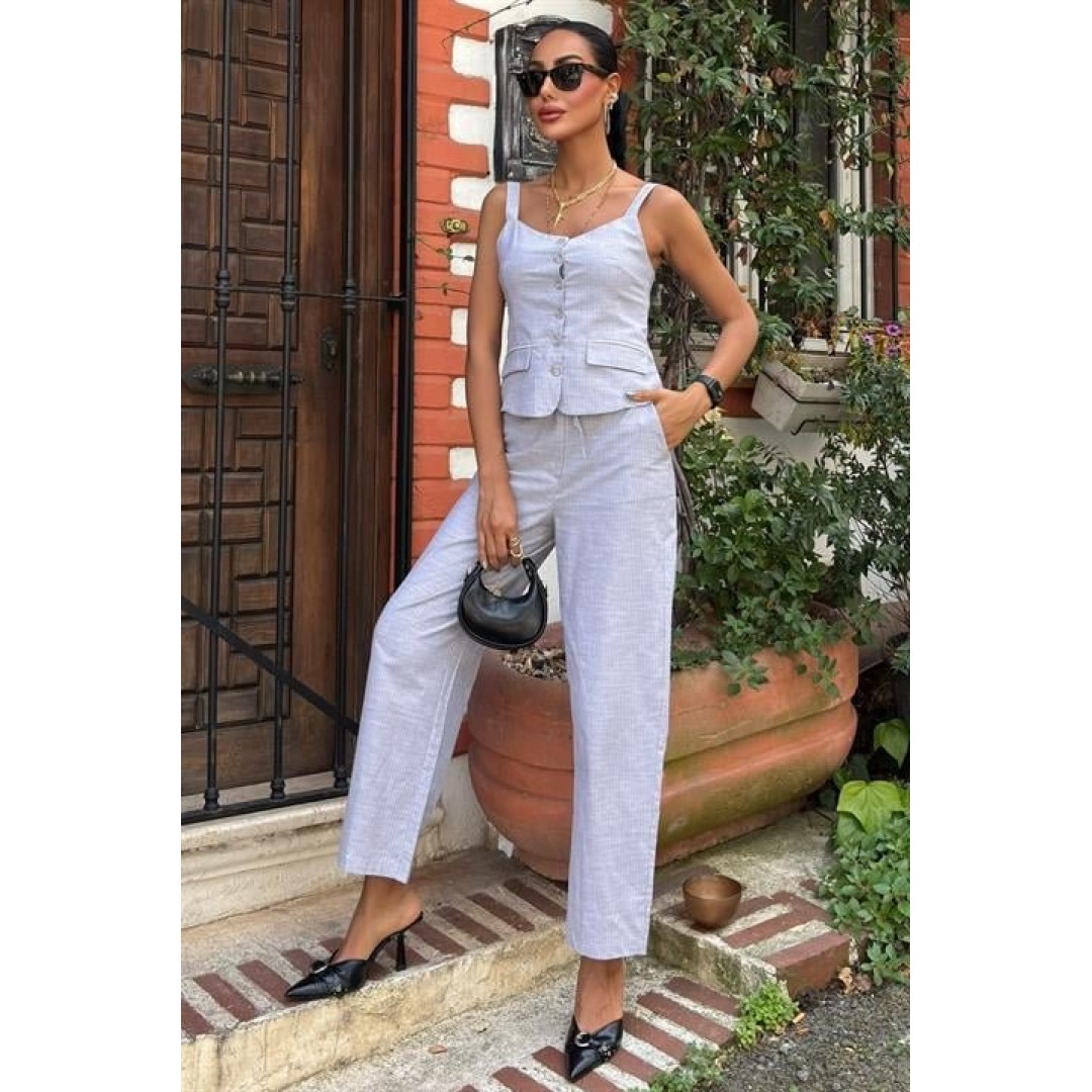 Kalın Askılı Bluz Pantolon Keten Takım 10187 160569