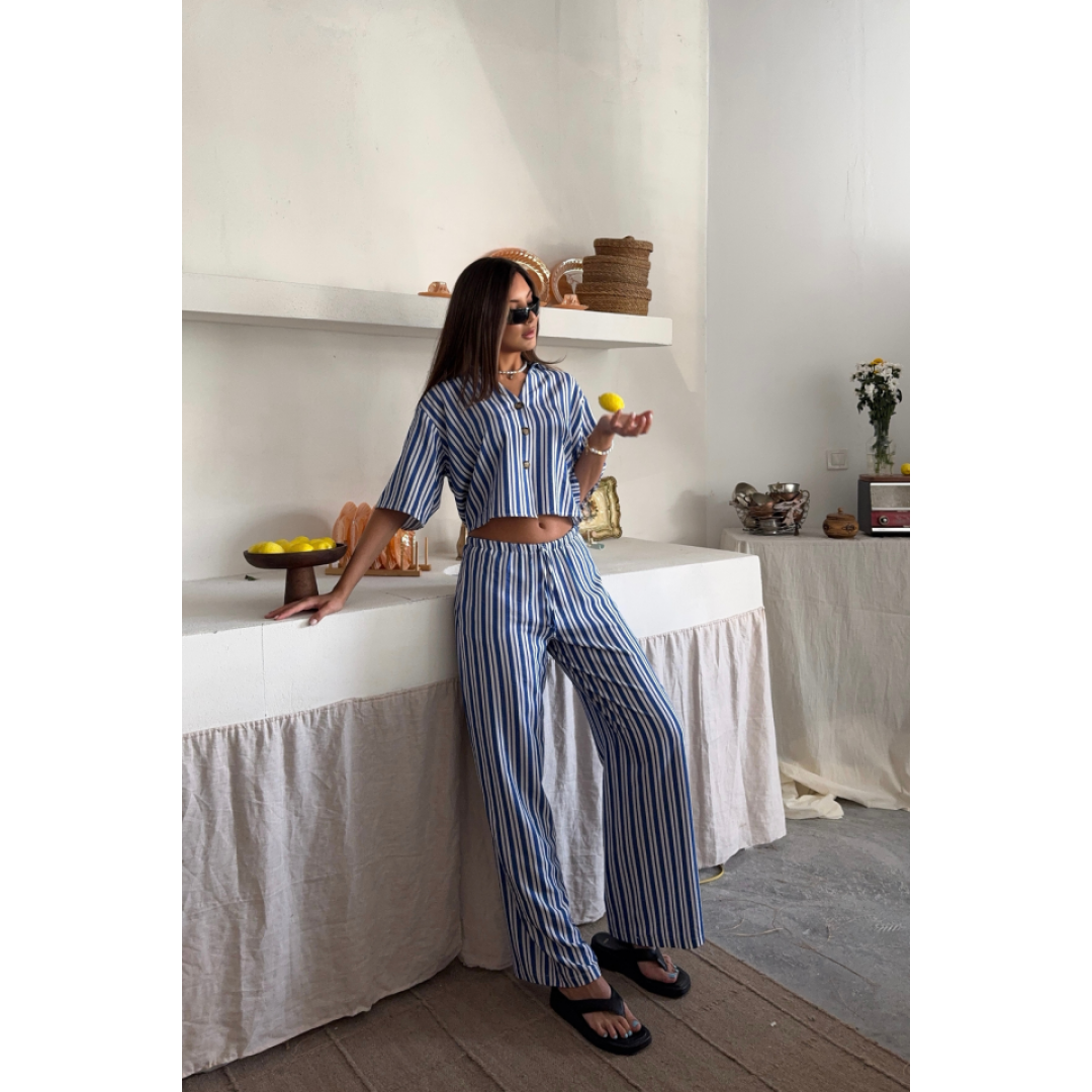ÇİZGİLİ CROP GÖMLEK - SALAŞ PANTOLON TAKIM MODAL - Mavi