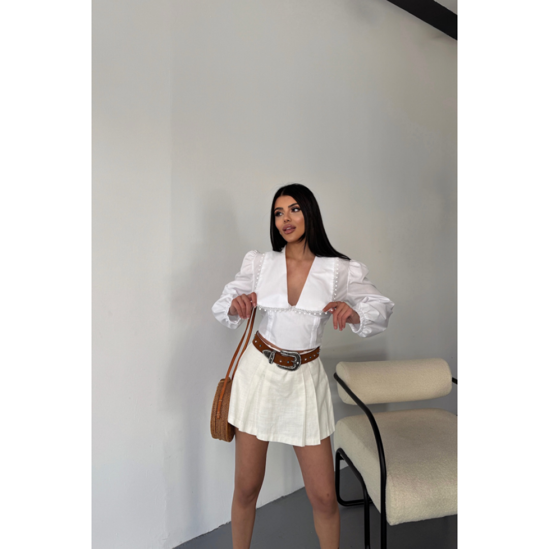 CROP POPLİN GÖMLEK YAKA KENAR DANTEL DETAYLI - Beyaz