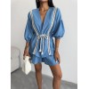 KETEN BEL BÜZGÜLÜ BLUZ-PANTOLON TAKIM - Mavi 150082 KETEN BEL BÜZGÜLÜ BLUZ-PANTOLON TAKIM - Mavi 150082