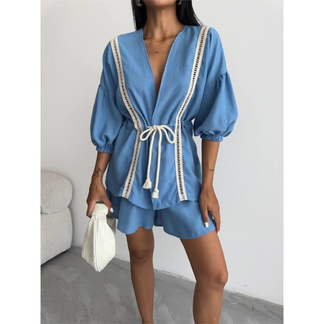 KETEN BEL BÜZGÜLÜ BLUZ-PANTOLON TAKIM - Mavi 150082 KETEN BEL BÜZGÜLÜ BLUZ-PANTOLON TAKIM - Mavi 150082