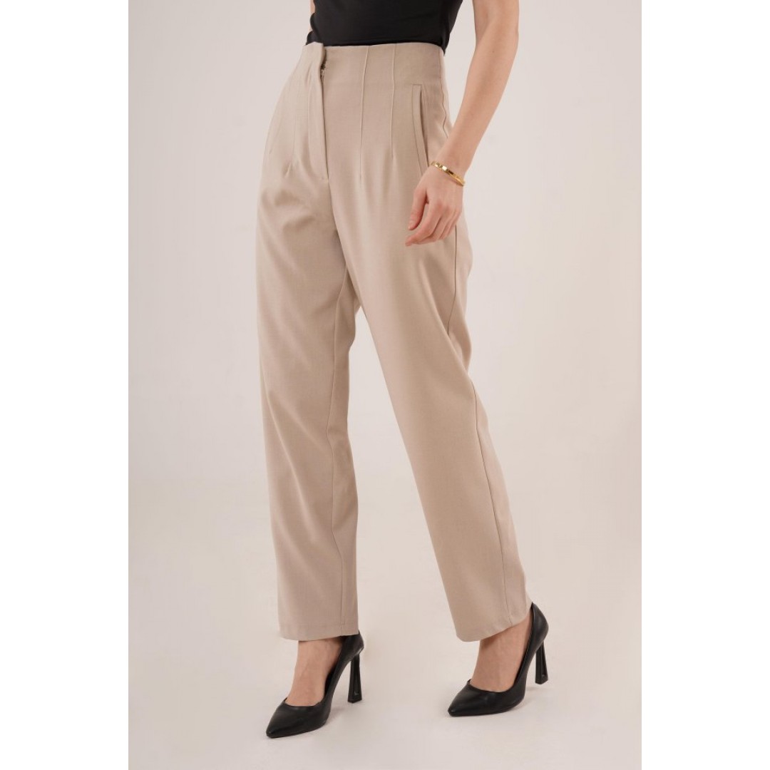 Çift Pens Detaylı Krem Pantolon