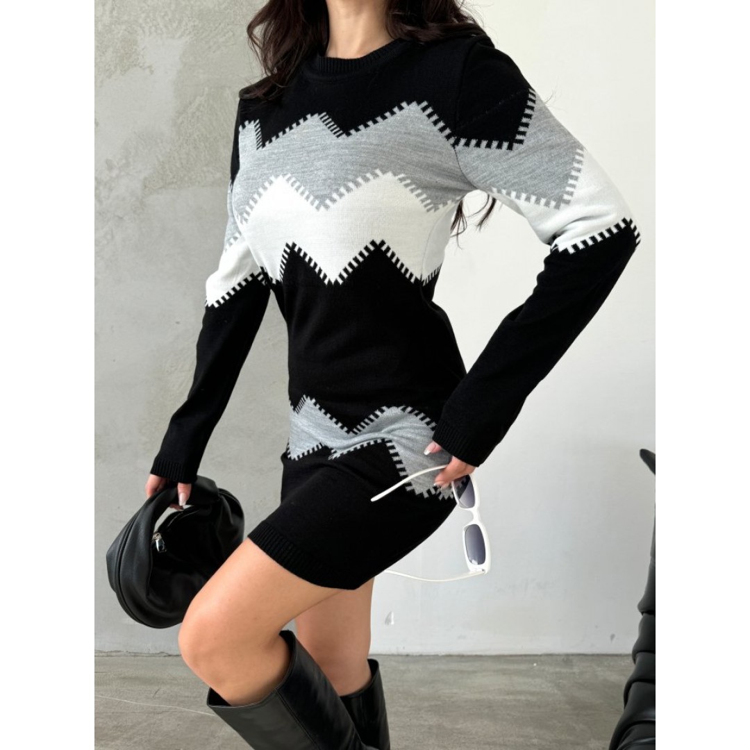 Kadın Uzun Kollu Zigzag Desen Triko Elbise 135121 Kadın Uzun Kollu Zigzag Desen Triko Elbise 135121