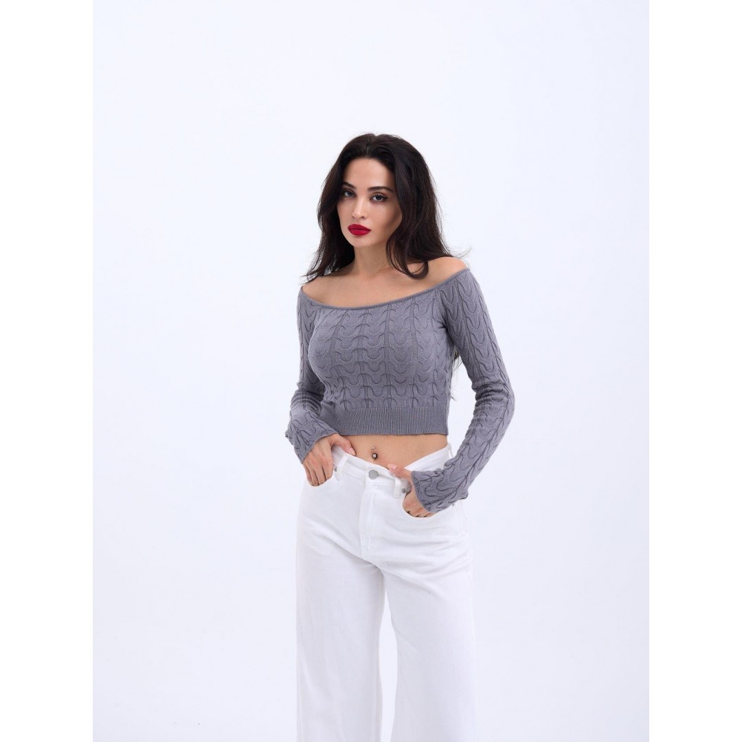 42241 TRİKO KAYIK YAKA CROP-GRİ 143849