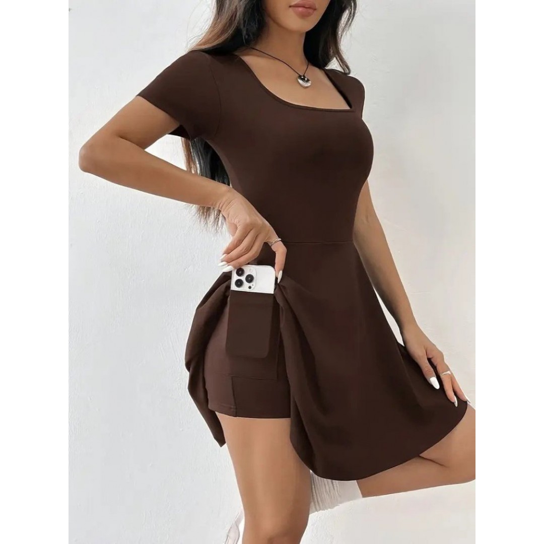 Kadın Kısa Kollu Kare Yaka Short Detaylı Cepli Dalgıç Elbise - 159361
