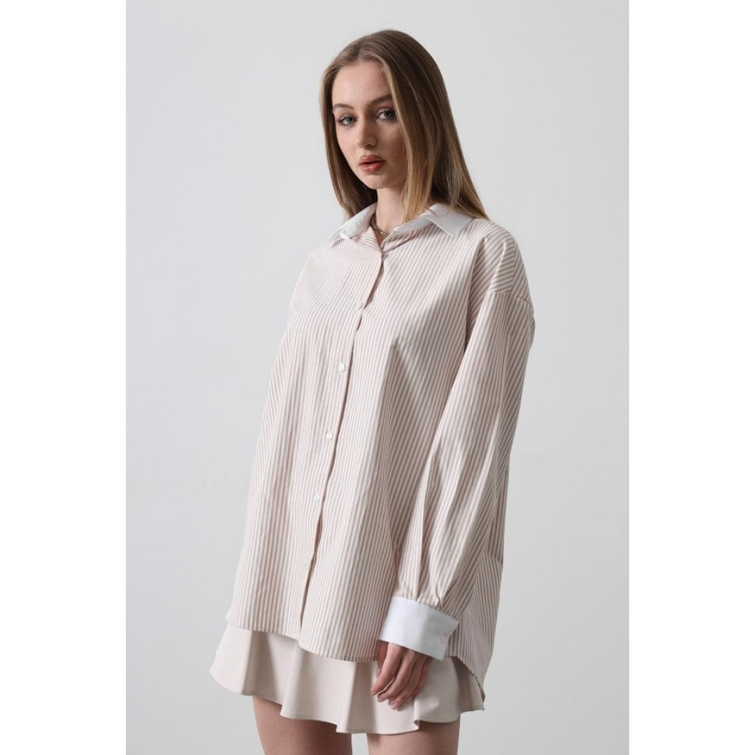 Çizgili Oversize Gömlek - Bej