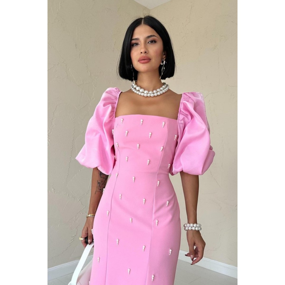 Pembe İşlemeli Kolu Garnili Elbise - 153984 Pembe İşlemeli Kolu Garnili Elbise - 153984