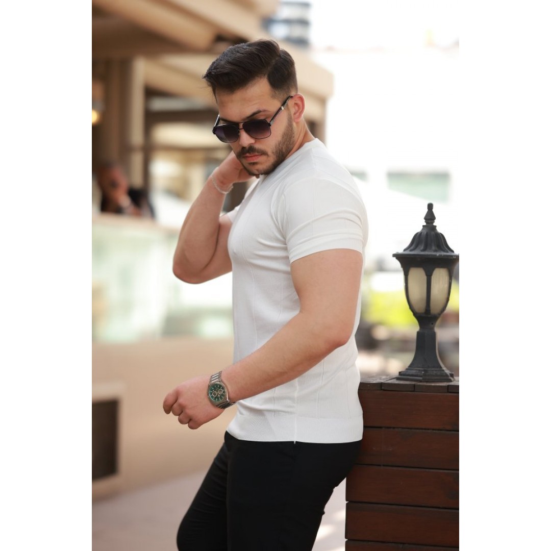 Erkek Ince çizgi Dokulu Bisiklet Yaka Kısa Kollu T-shirt 162324 Erkek Ince çizgi Dokulu Bisiklet Yaka Kısa Kollu T-shirt 162324