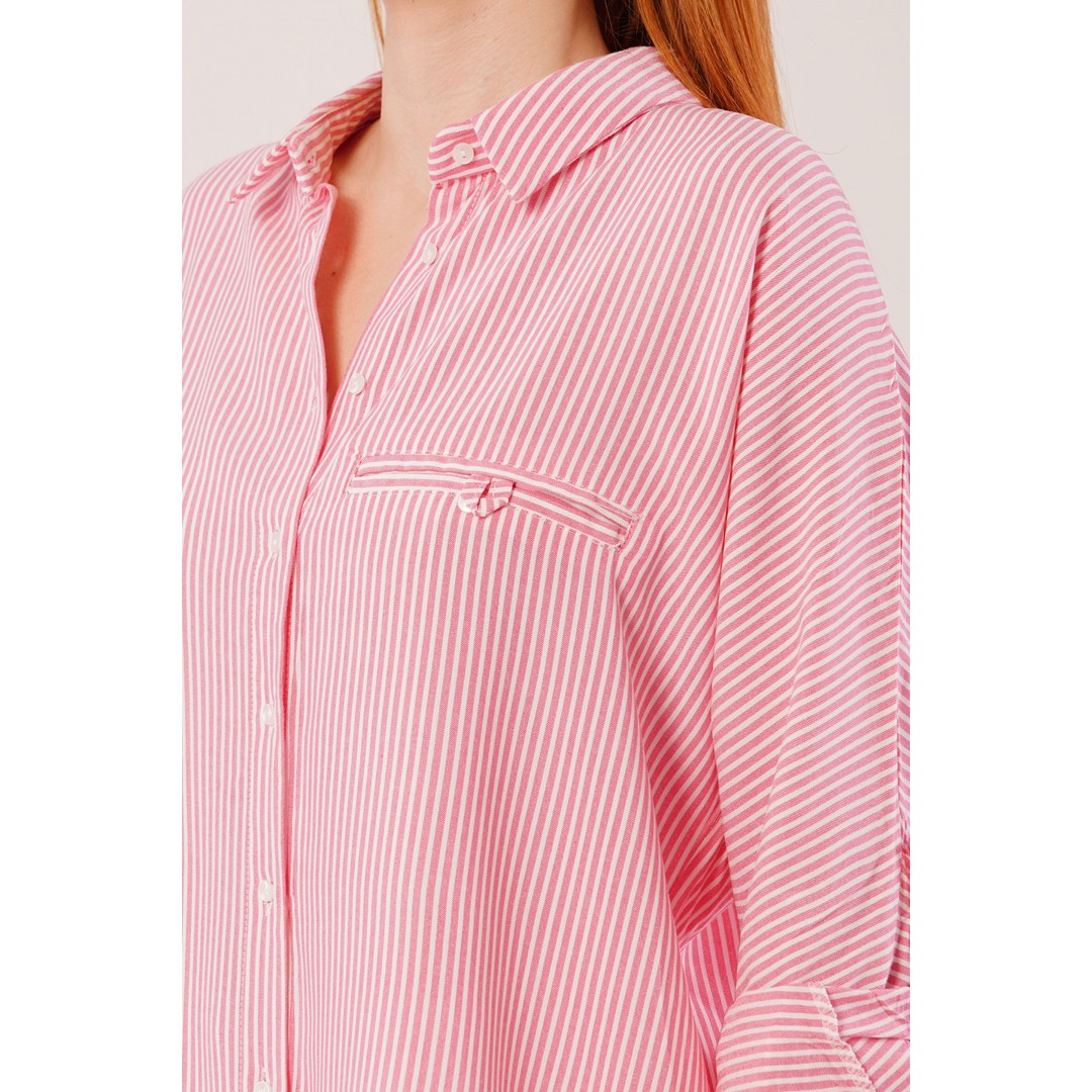 Cep Detay Çizgili Oversize Pembe Gömlek - 147355 Cep Detay Çizgili Oversize Pembe Gömlek - 147355