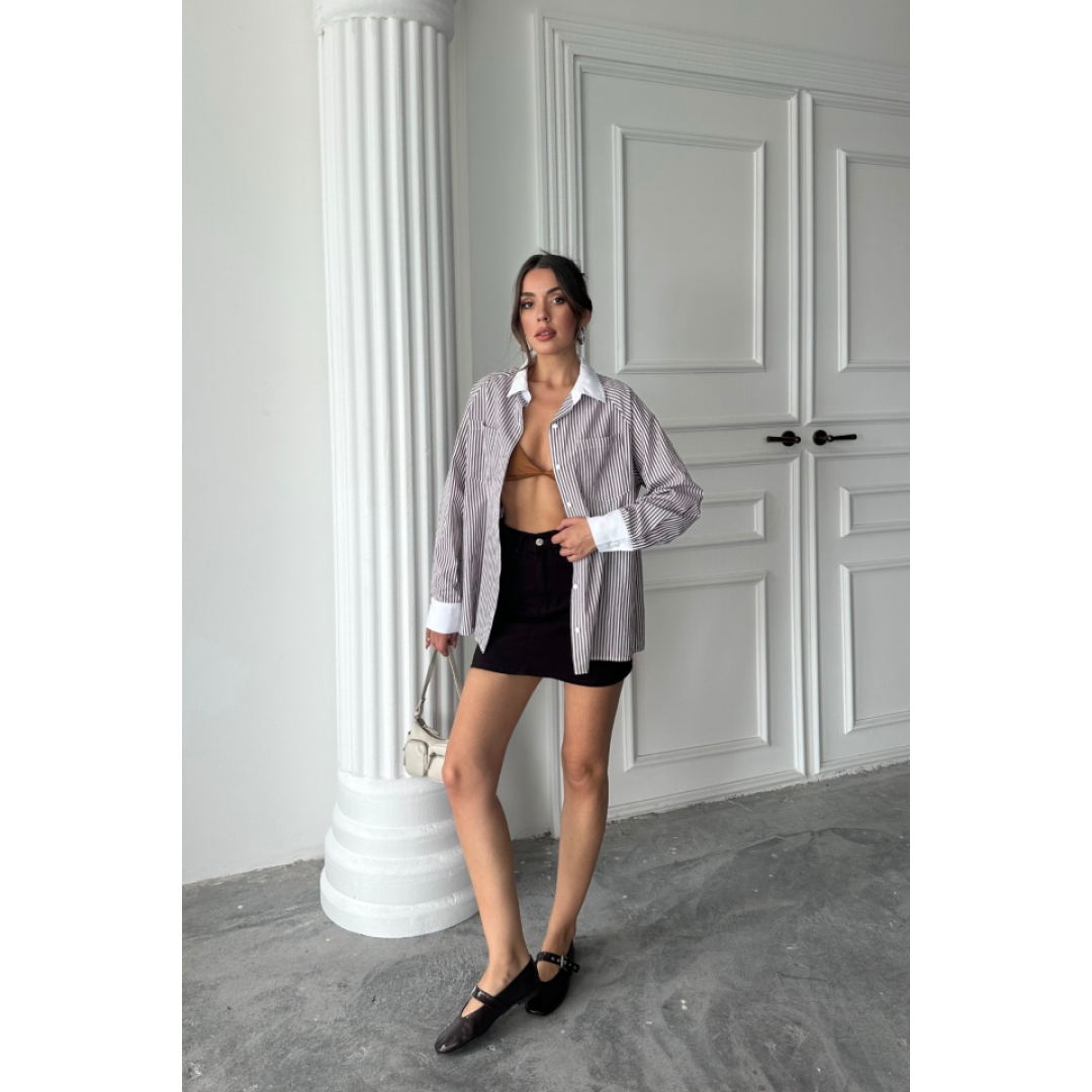 YAKA VE MANŞET BEYAZ BOYFRİEND ÇİZGİLİ POPLİN GÖMLEK - Kahverengi 160814 YAKA VE MANŞET BEYAZ BOYFRİEND ÇİZGİLİ POPLİN GÖMLEK - Kahverengi 160814