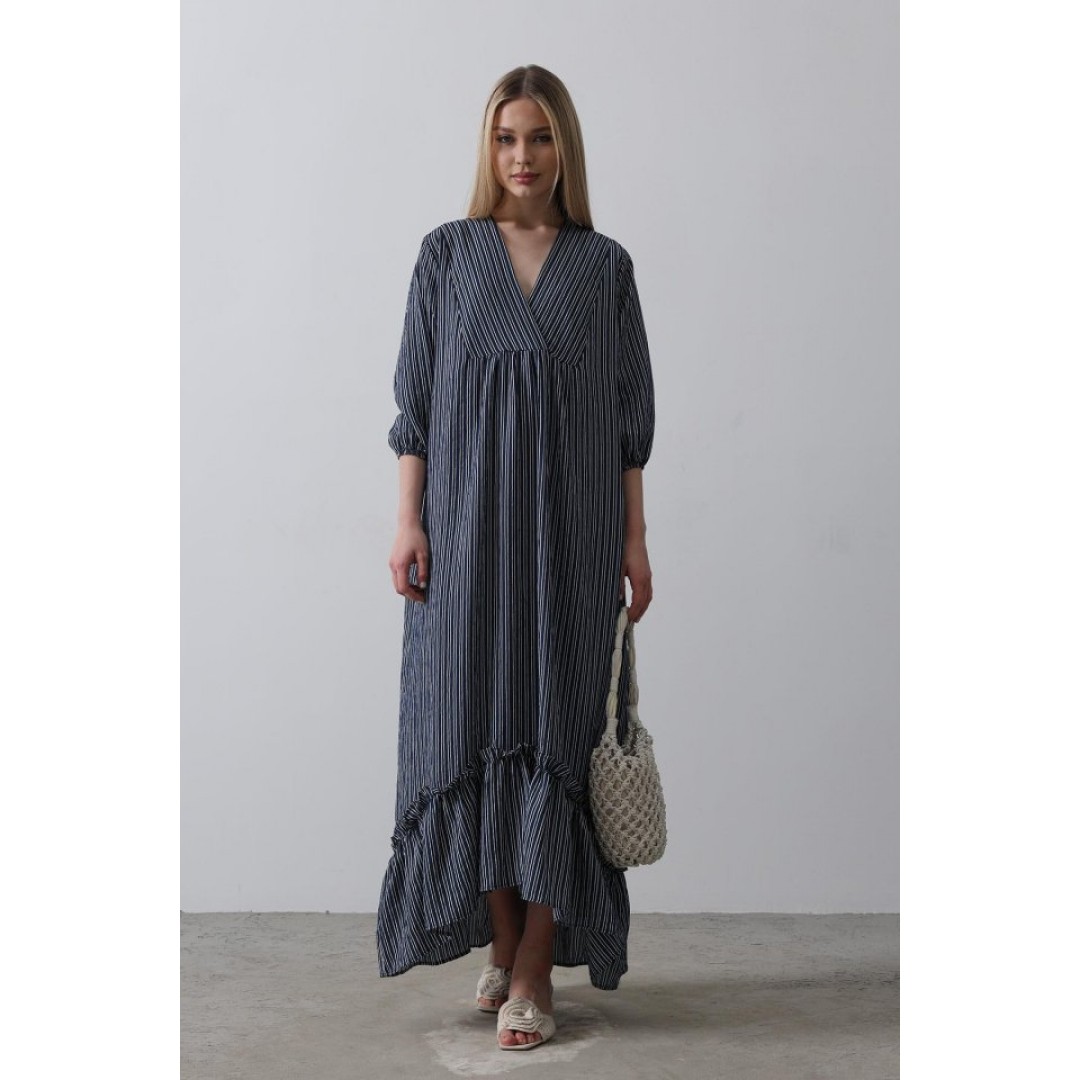 Çizgili Oversize V Yaka Elbise - Lacivert - 154466 Çizgili Oversize V Yaka Elbise - Lacivert - 154466