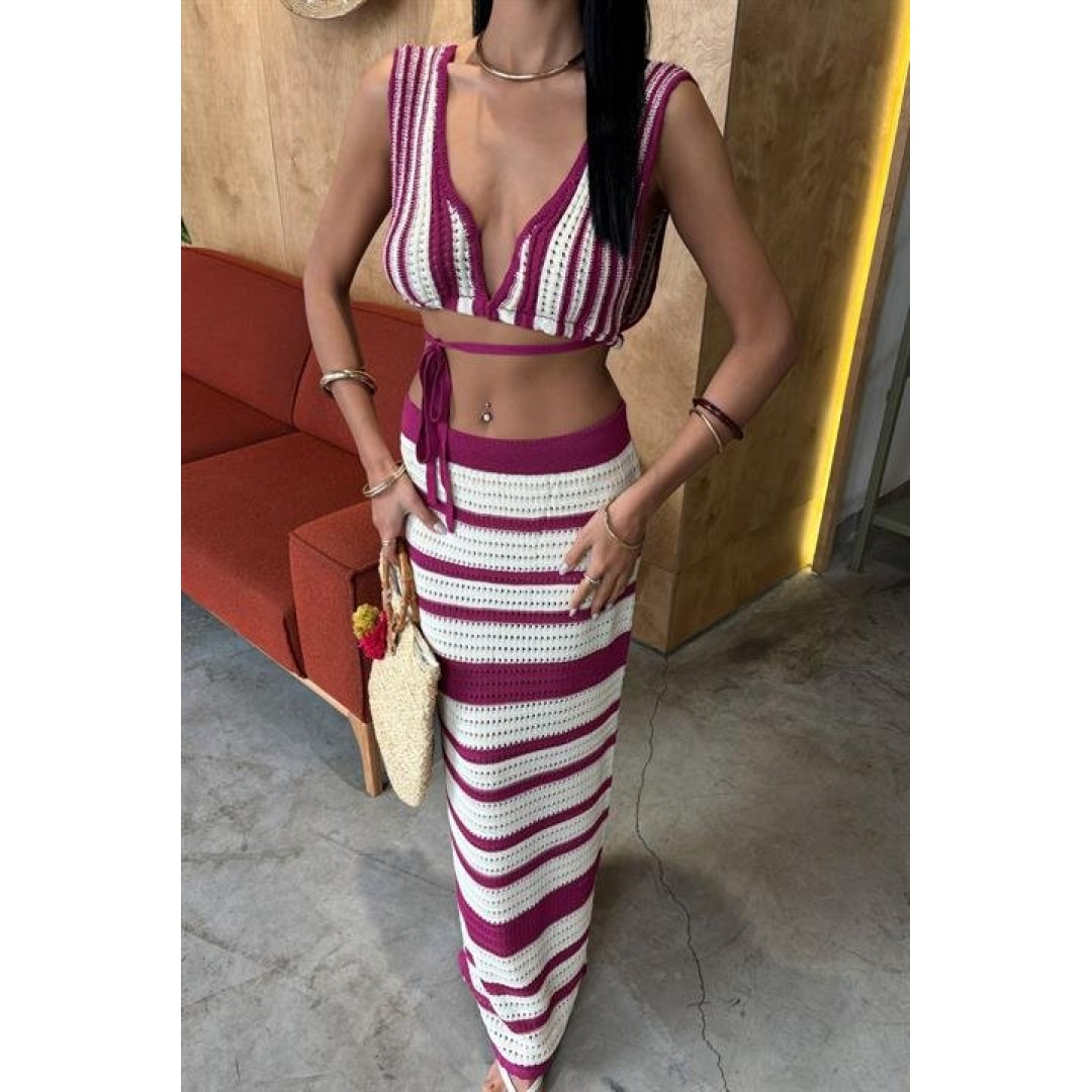 Çizgili Bikini Üst Ve Etek Triko Takım 10110 159258 Çizgili Bikini Üst Ve Etek Triko Takım 10110 159258