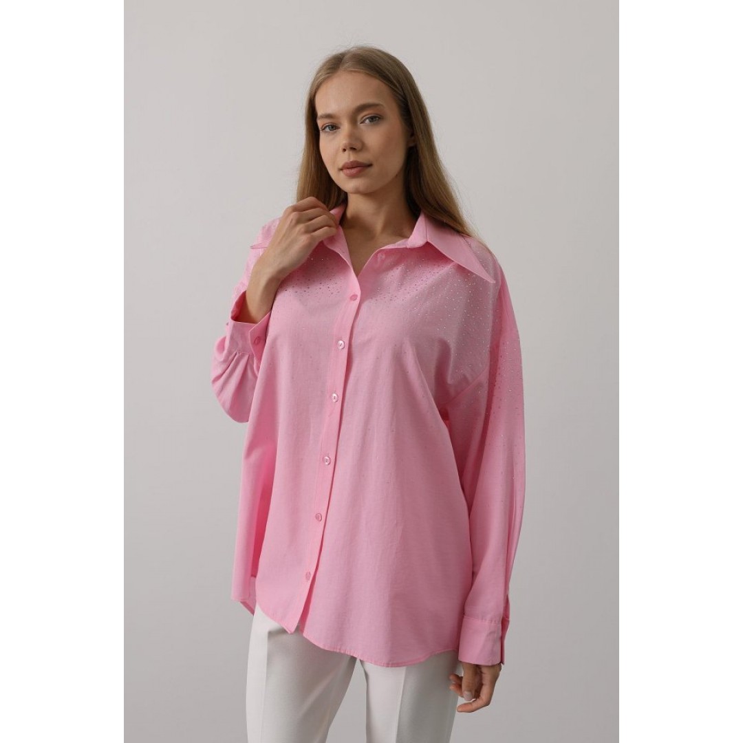 Taşlı Sivri Yaka Gömlek - Pembe 162838 Taşlı Sivri Yaka Gömlek - Pembe 162838