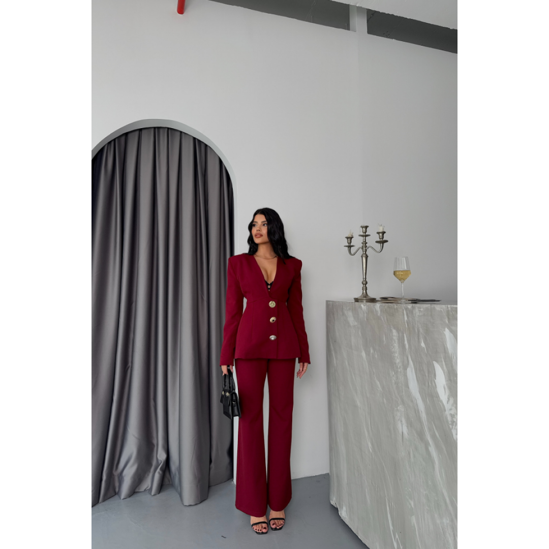 TASARIM CEKET-PANTOLON TAKIM METAL DÜĞME DETAYLI - Bordo