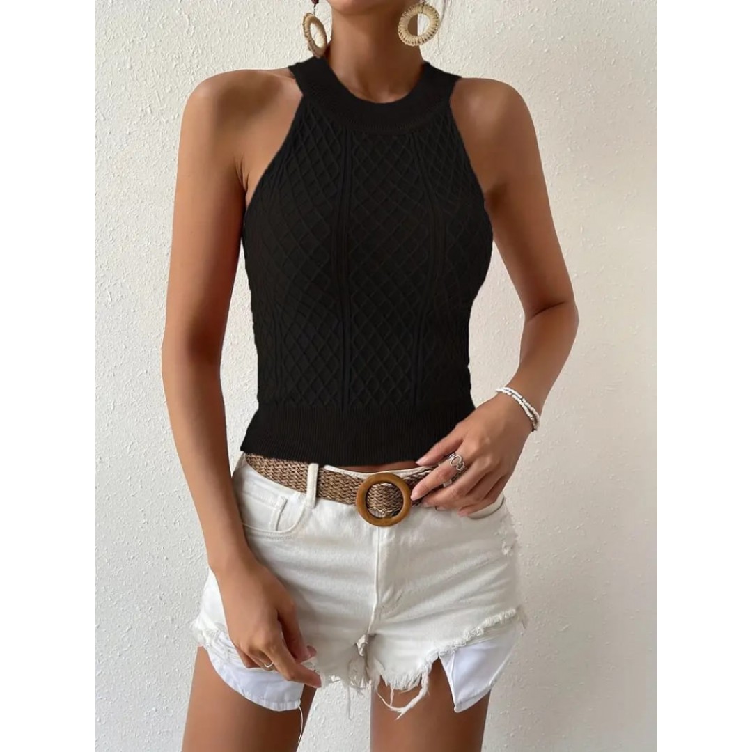 Kadın Kolsuz Halter Yaka Mini Baklava Desenli Triko Bluz - 159562 Kadın Kolsuz Halter Yaka Mini Baklava Desenli Triko Bluz - 159562