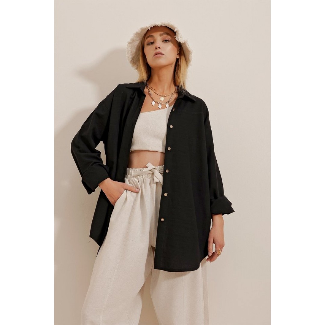 Kadın Keten Kumaş Oversize Gömlek - 159582 Kadın Keten Kumaş Oversize Gömlek - 159582