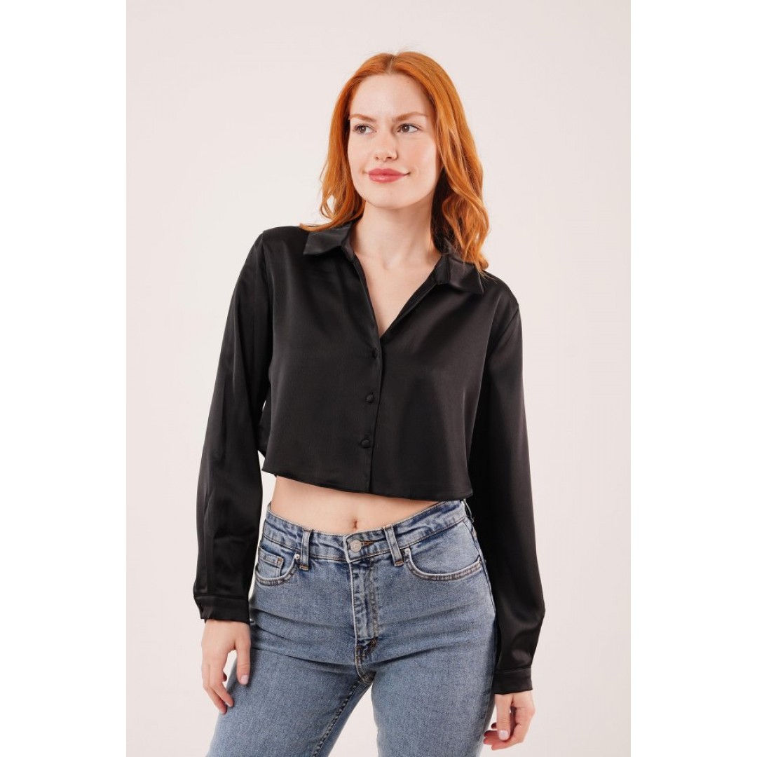 Saten Crop Model Siyah Gömlek