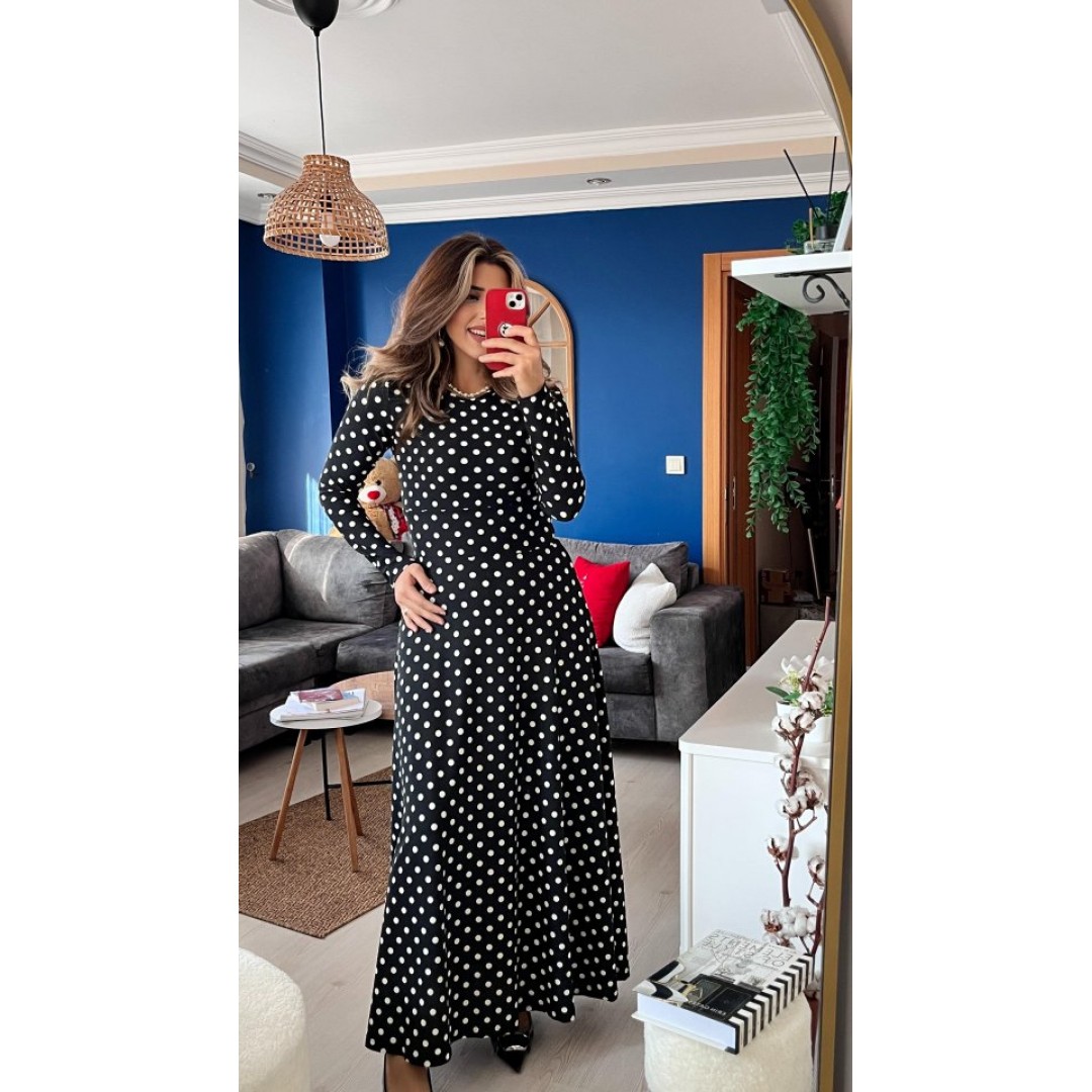 Kadın Krep Kumaş Uzun Kollu Tam Boy Puantiyeli Elbise 132 Cm - 138572 Kadın Krep Kumaş Uzun Kollu Tam Boy Puantiyeli Elbise 132 Cm - 138572