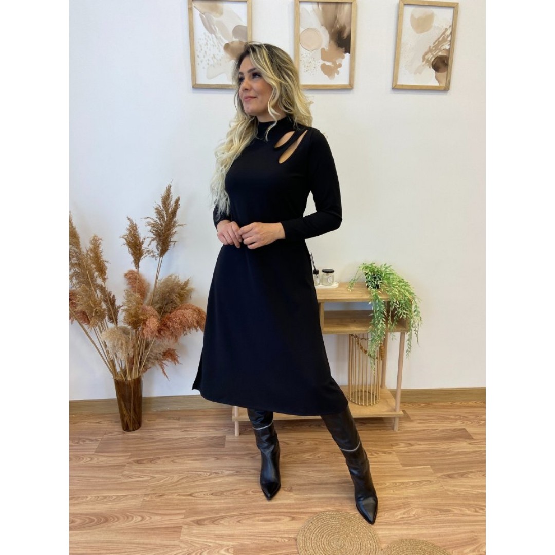 Kadın Uzun Kollu Balıkçı Yaka Omuzda Damla Detaylı Yırtmaçlı Krep Midi Elbise - 137239 Kadın Uzun Kollu Balıkçı Yaka Omuzda Damla Detaylı Yırtmaçlı Krep Midi Elbise - 137239