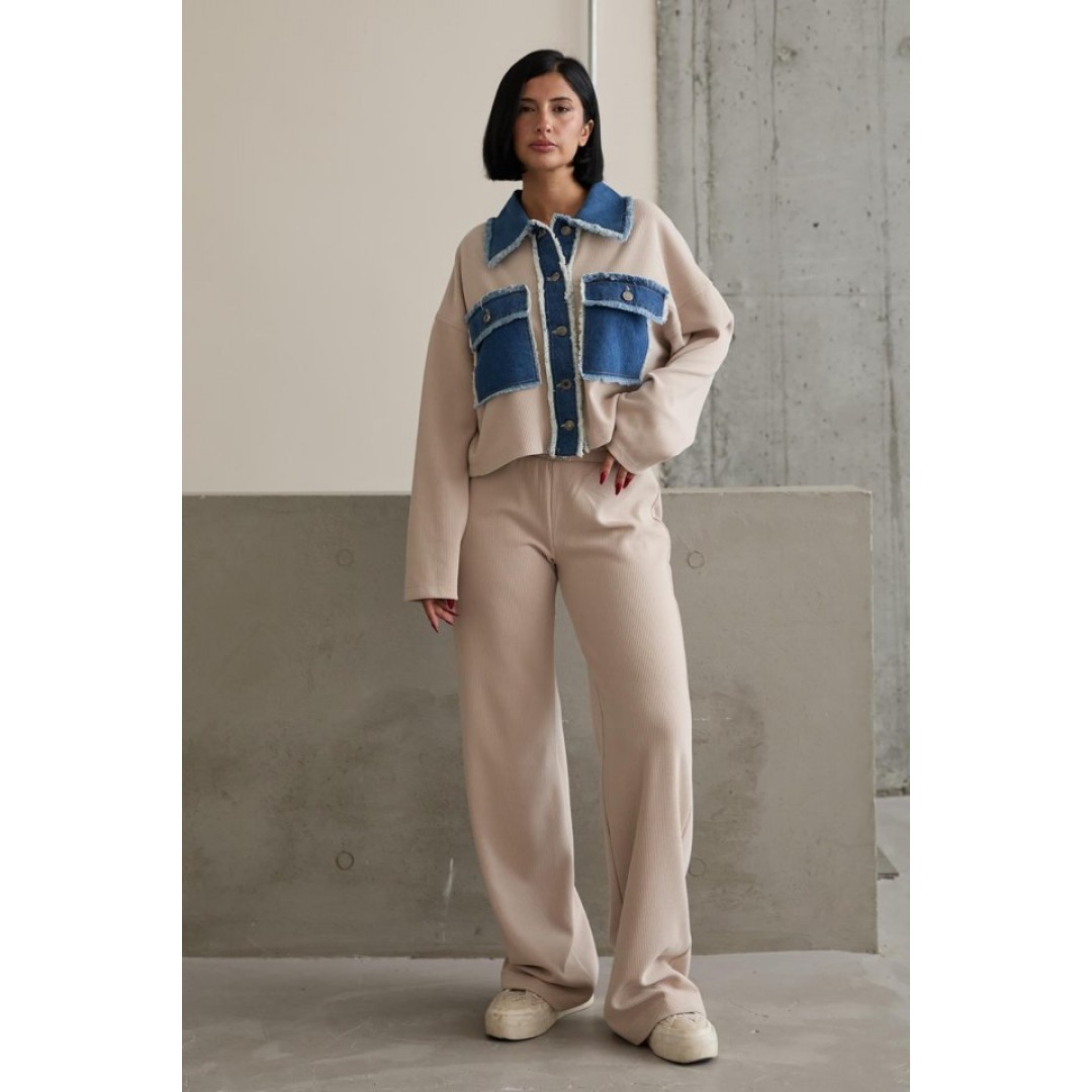 Bej Denim Garnili Gömlek Ve Pantolon Takım