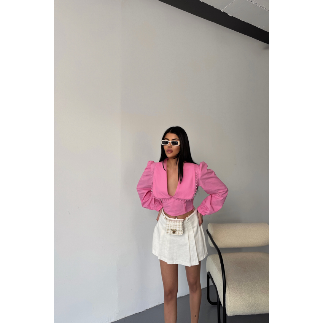 CROP POPLİN GÖMLEK YAKA KENAR DANTEL DETAYLI - Pembe 153794