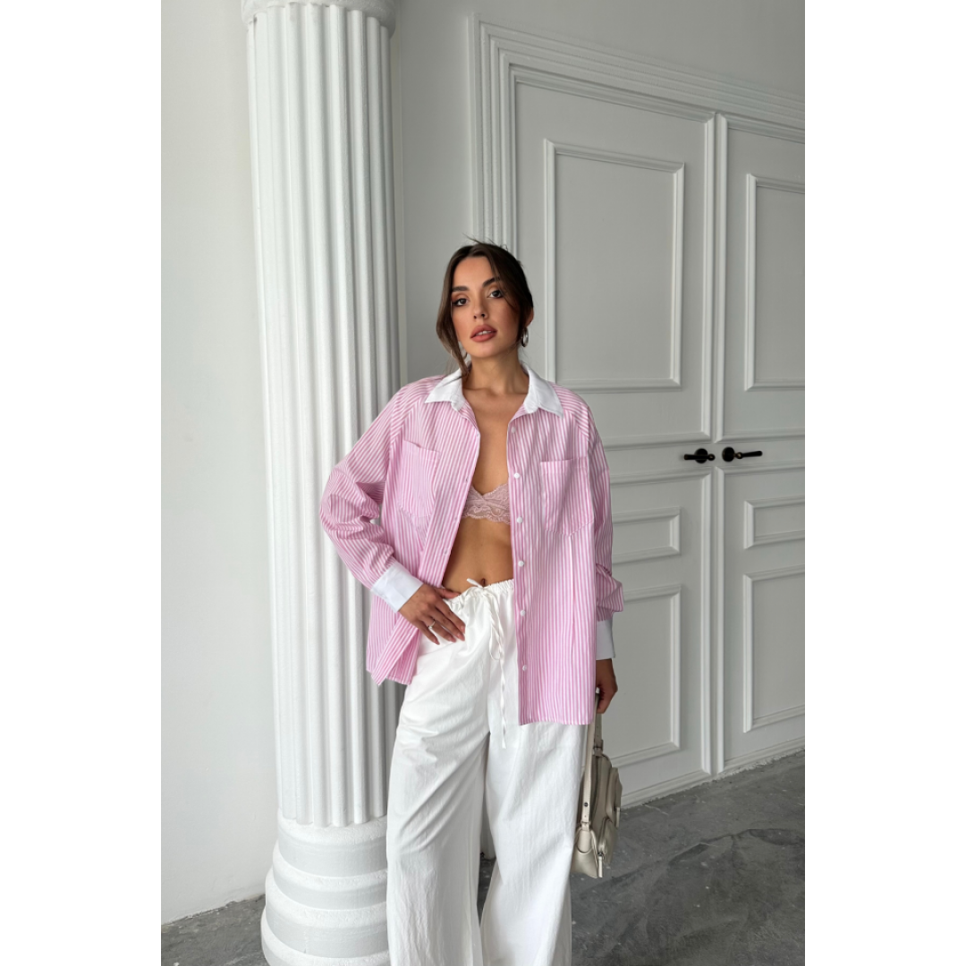 YAKA VE MANŞET BEYAZ BOYFRİEND ÇİZGİLİ POPLİN GÖMLEK - Pembe 160812 YAKA VE MANŞET BEYAZ BOYFRİEND ÇİZGİLİ POPLİN GÖMLEK - Pembe 160812