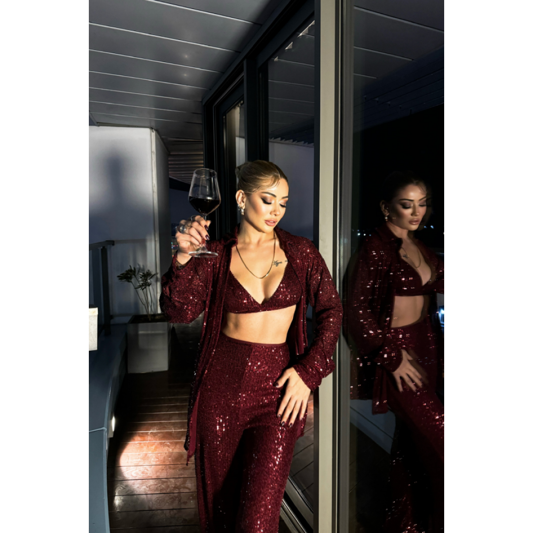 PUL PAYET 3 LÜ TAKIM - CEKET-BÜSTİYER-PANTOLON - Bordo