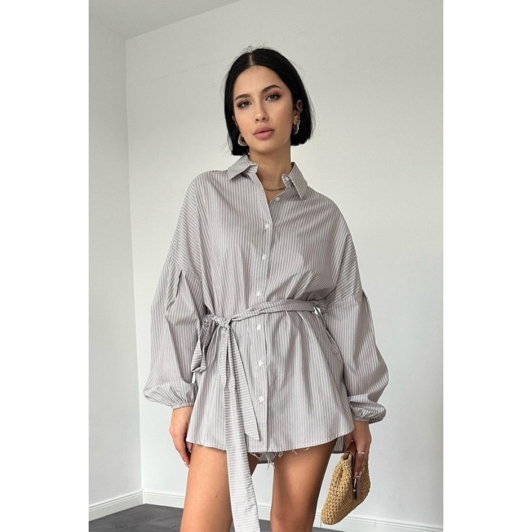 Kahverengi Çizgili Poplin Kuşaklı Gömlek - 148387 Kahverengi Çizgili Poplin Kuşaklı Gömlek - 148387