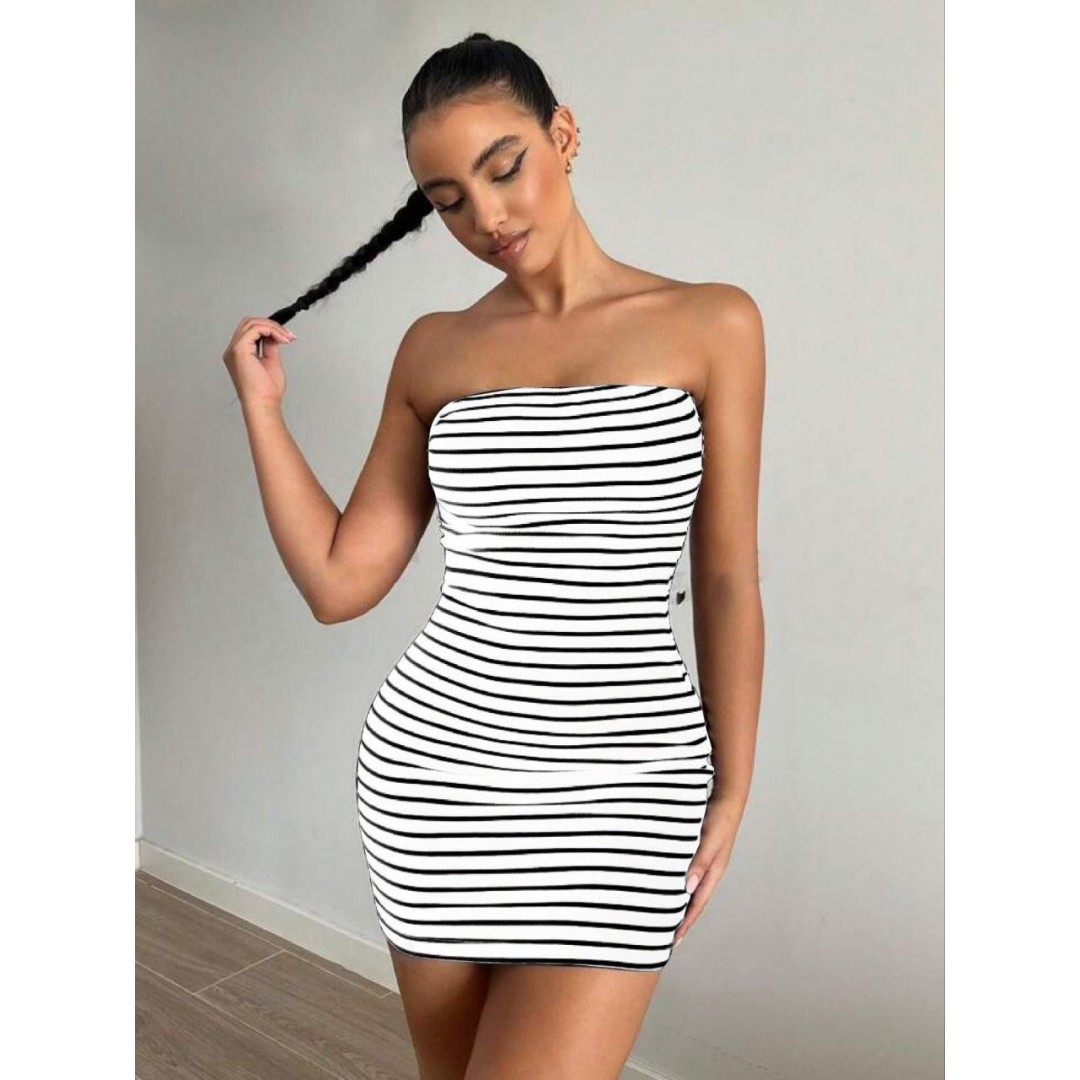Kadın Kaşkorse Kumaş Çizgi Desenli Mini Elbise - 109274