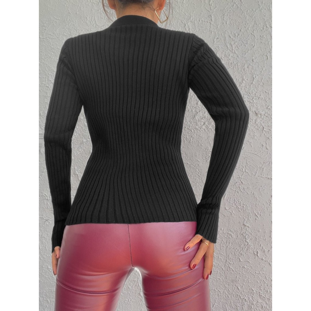 Kadın Siyah Polo Yaka Parmak Detay Triko Bluz 2047 132289 Kadın Siyah Polo Yaka Parmak Detay Triko Bluz 2047 132289