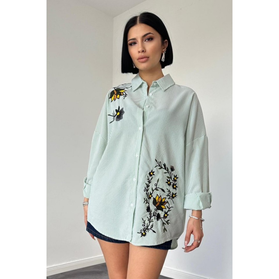 Yeşil Klasik Bedensiz Çizgili Poplin Nakışlı Gömlek 148377 Yeşil Klasik Bedensiz Çizgili Poplin Nakışlı Gömlek 148377