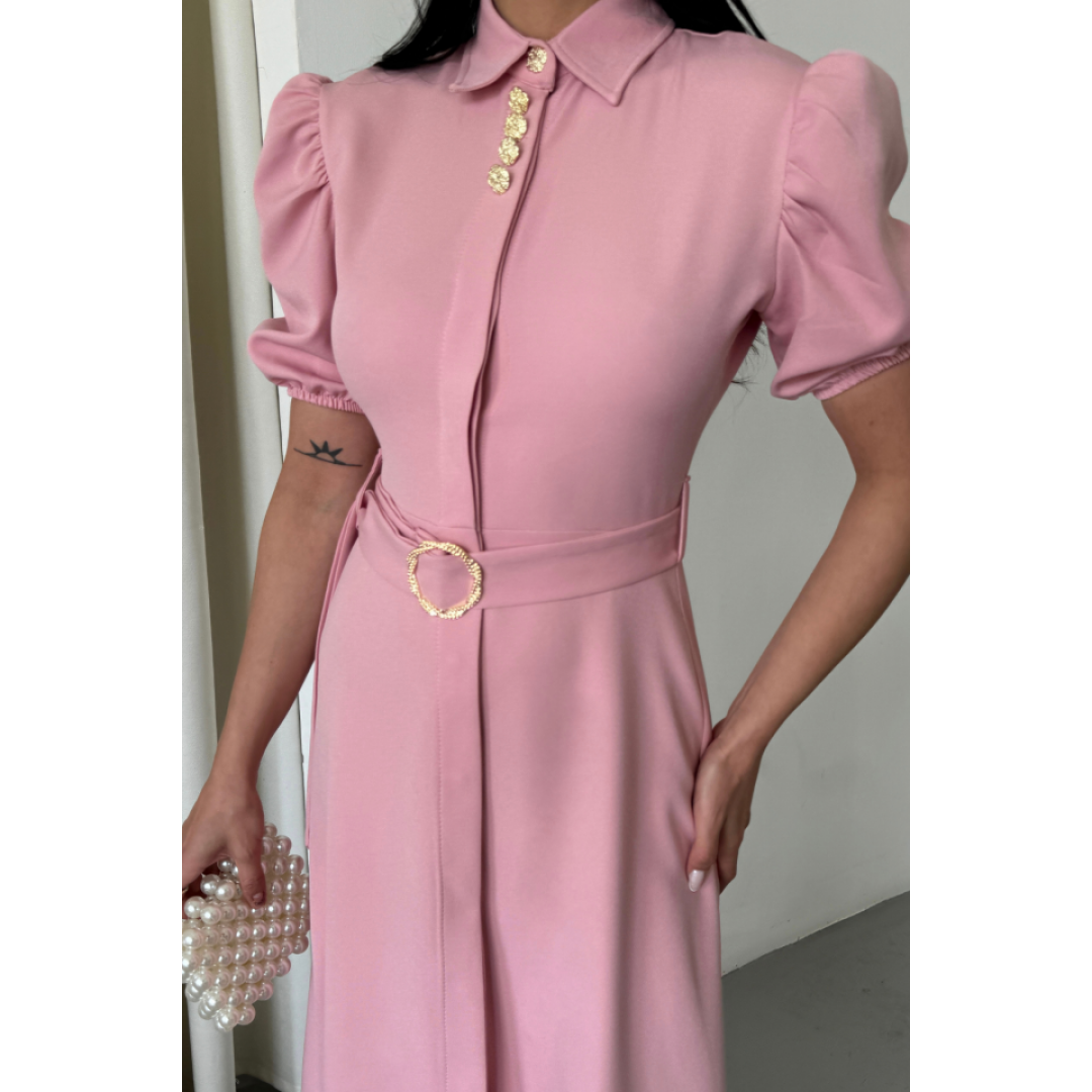 YAKA DÜĞME DETAYLI ELBİSE- Pembe 154392 YAKA DÜĞME DETAYLI ELBİSE- Pembe 154392