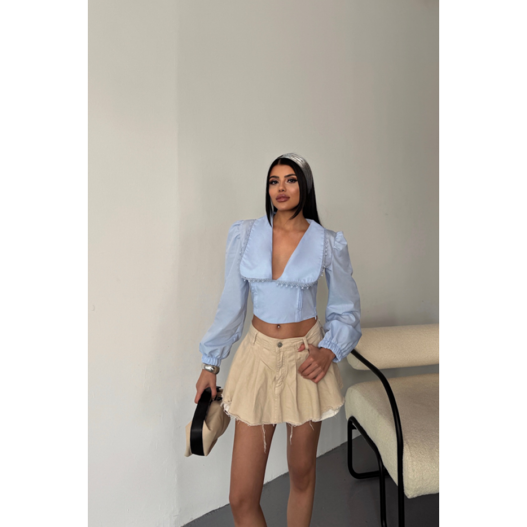CROP POPLİN GÖMLEK YAKA KENAR DANTEL DETAYLI - Bebe Mavi - 153796 CROP POPLİN GÖMLEK YAKA KENAR DANTEL DETAYLI - Bebe Mavi - 153796