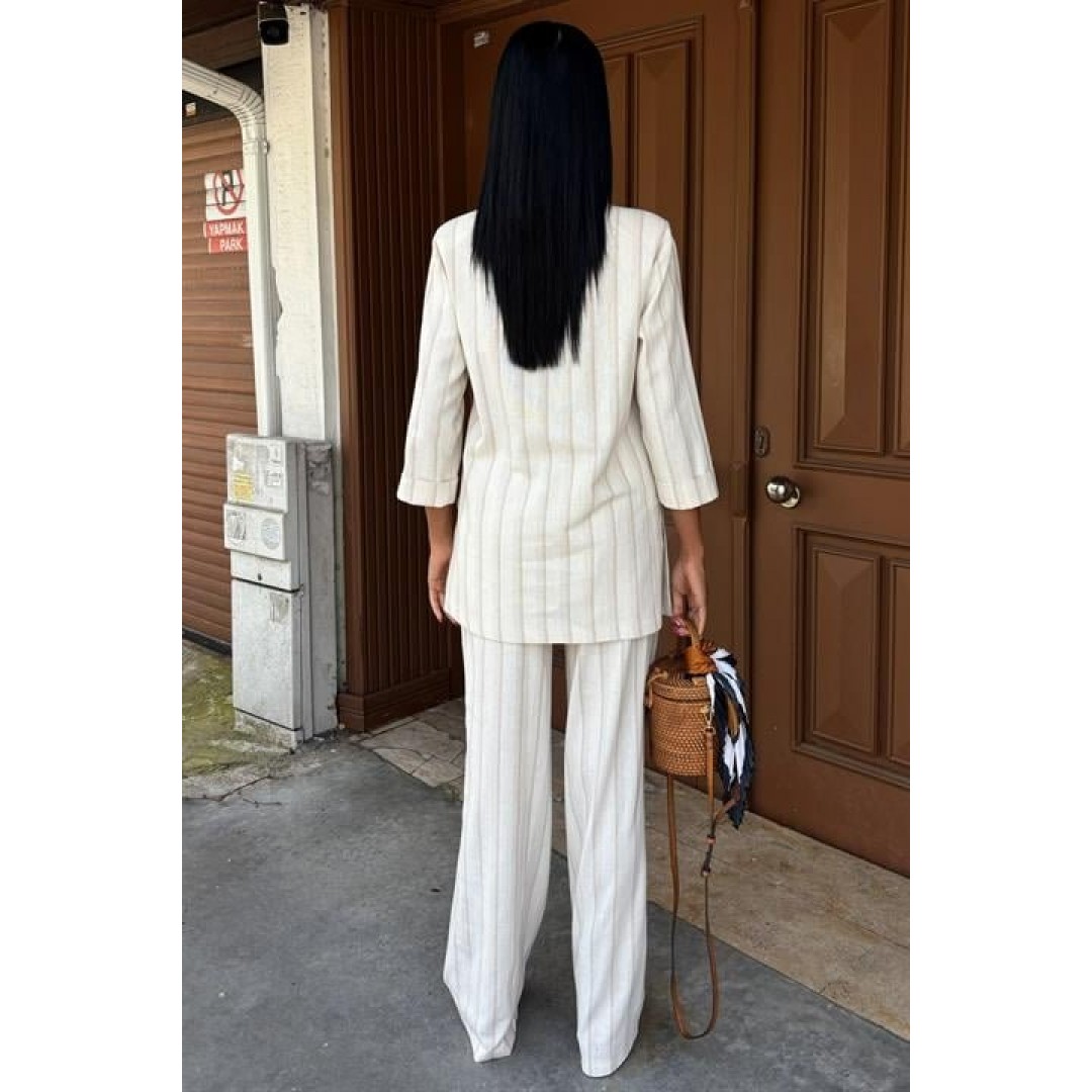 Blazer Ceketli Çizgili Keten Takım 10186 159435