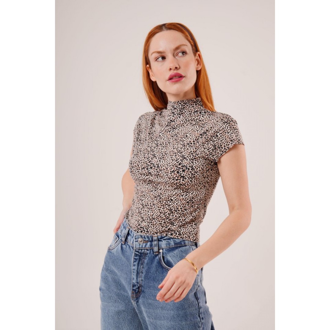 Leopar Desen Kısa Kollu Basic T-Shirt
