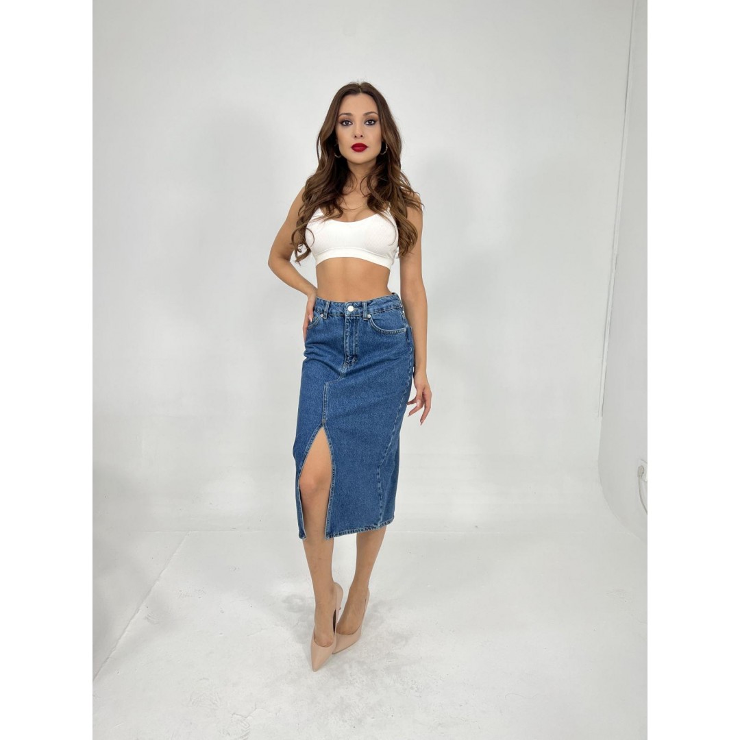 6478 DENİM MIDI SLIT SKIRT-MAVİ - 143156 6478 DENİM MIDI SLIT SKIRT-MAVİ - 143156